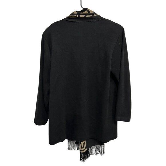 Mattie Black Beige Geometric Pattern Long Cardigan Jacket Fringe Scarf Sz Large - Picture 2 of 9